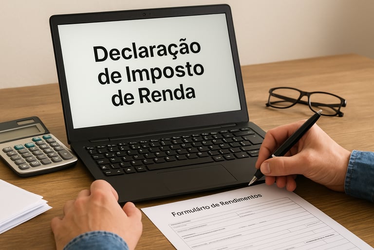 Mão digitando em notebook com formulário em português escrito “Declaração de Imposto de Renda”, chav