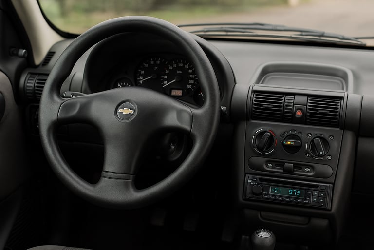 Interior de um Chevrolet Corsa com painel simples e volante original bem conservado. Ask Cha