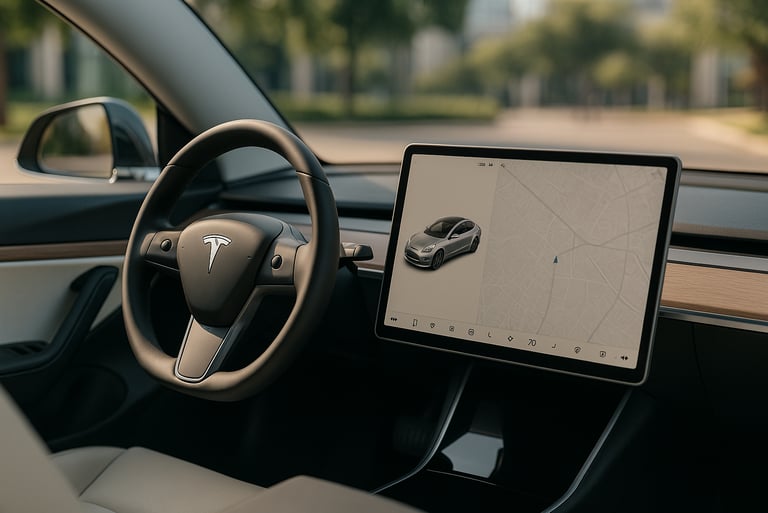Interior de um Tesla com painel digital aceso e volante em destaque, fundo desfocado e visual tecnol