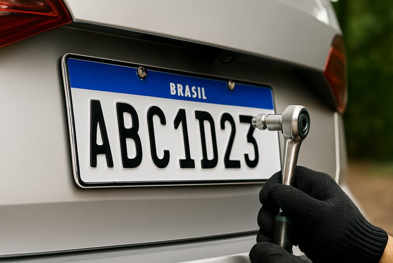 Profissional instalando uma placa do Mercosul em um carro, com ferramentas e cuidado visível na fixa