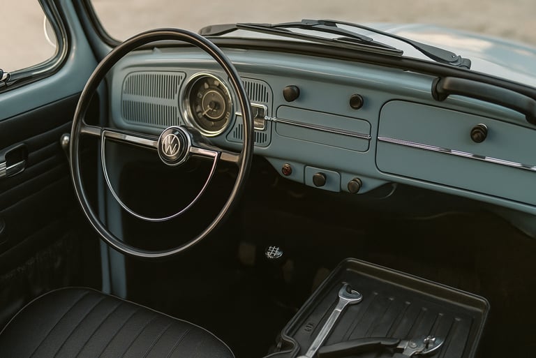 Interior de um Volkswagen Fusca com painel original, volante clássico e alavanca de marcha em destaq