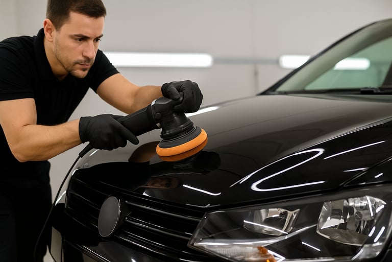 Técnico automotivo aplicando polimento com máquina rotativa no capô de um carro escuro, com reflexo 