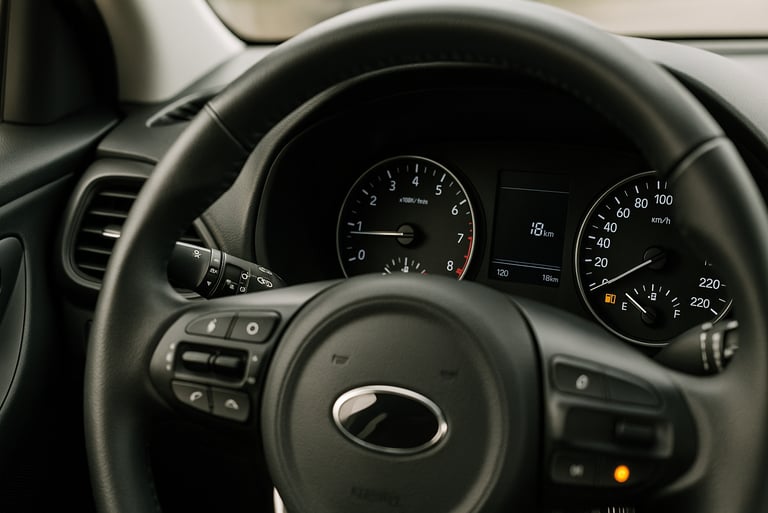 Painel de carro com luz de combustível acesa e autonomia baixa, visto do volante em primeiro plano.
