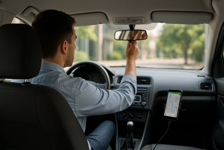 Interior de carro visto do banco traseiro, com motorista à esquerda ajustando o retrovisor e GPS no