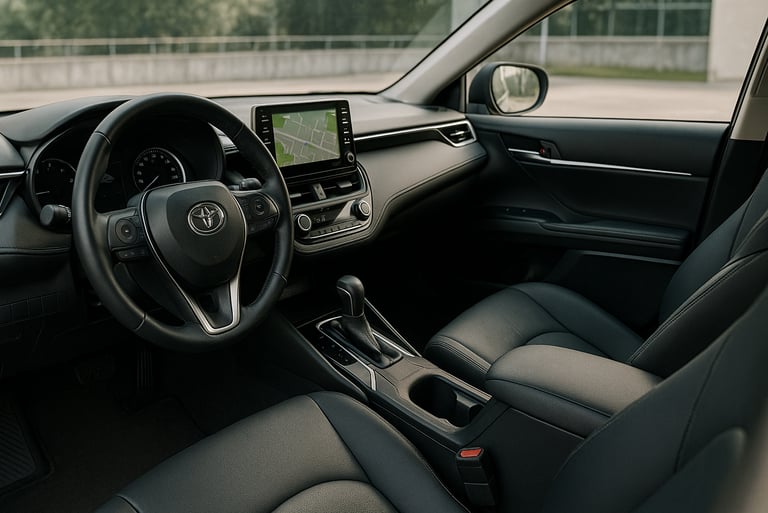 Interior de um sedan sofisticado com acabamento em couro, central multimídia e painel moderno bem il
