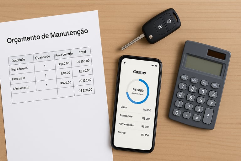 Orçamento de manutenção ao lado de chave de carro, celular com app de gastos e calculadora sobre a m