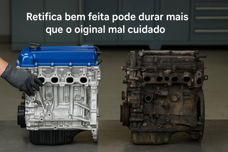 Comparativo entre motor retificado limpo com tampa azul e motor usado sujo e desgastado em oficina.