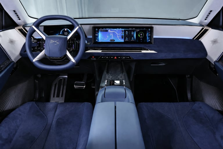 Interior do DS No7 com design futurista, painel digital e acabamento de alto nível