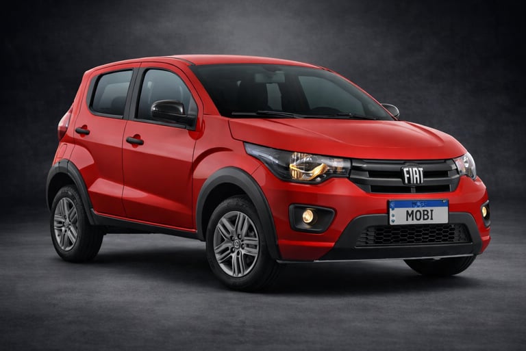 Fiat Mobi 0km vermelho 2026 com placa MOBI em destaque mostrando design compacto urbano