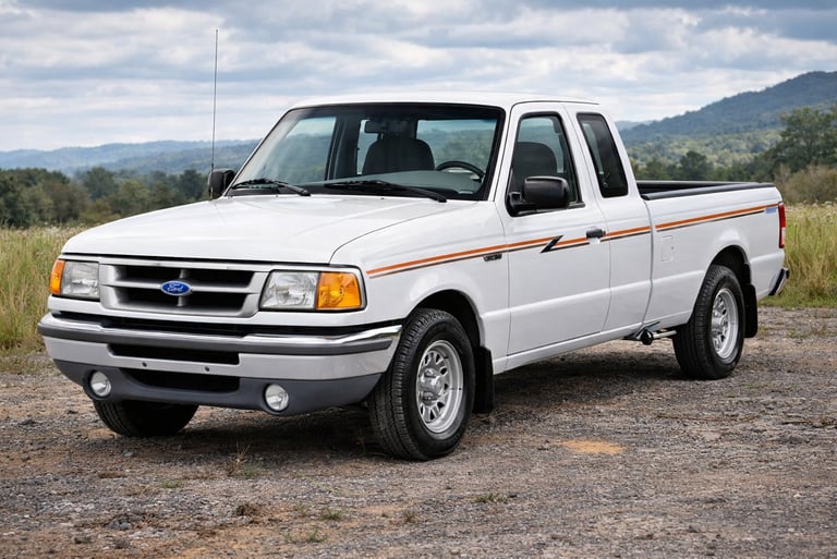 Ford Ranger 1998 clássica branca em ambiente off-road com design robusto da primeira geração no Bras