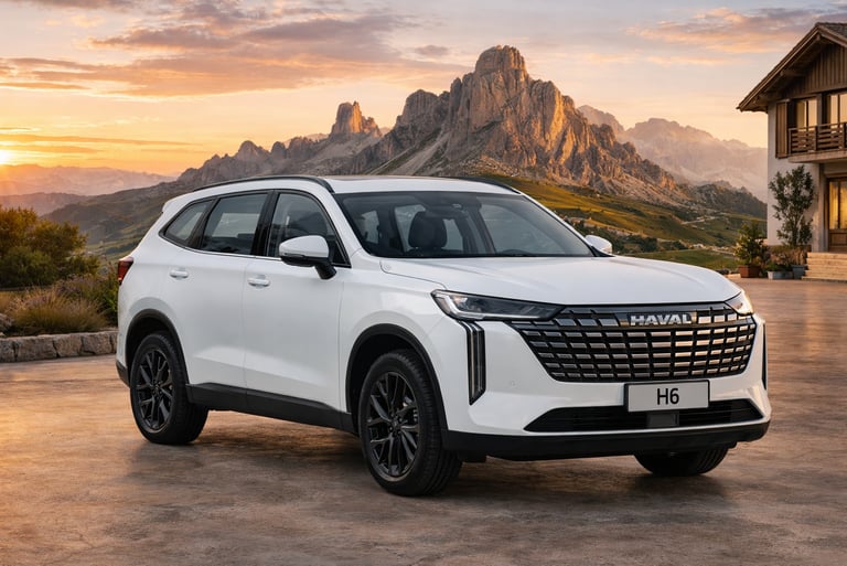 Haval H6 2026 branco em cenário de montanha ao pôr do sol mostrando design do SUV híbrido