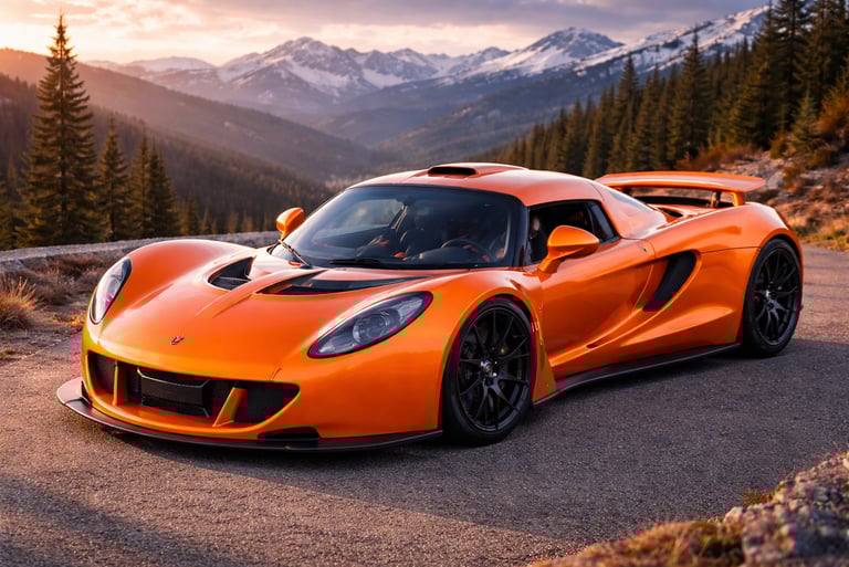 Hennessey Venom GT laranja em estrada de montanha ao pôr do sol