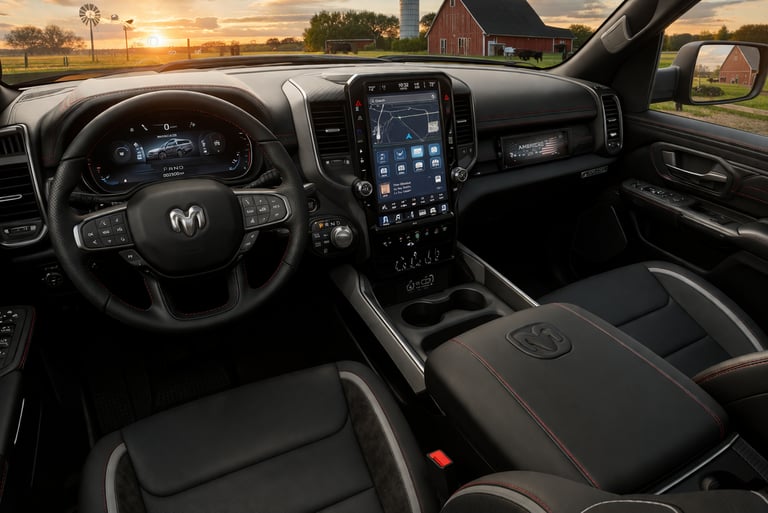 Interior da Ram 1500 America250 com painel digital e acabamento premium em cenário de fazenda