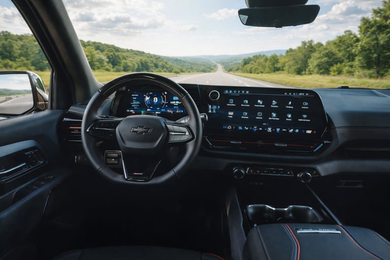 Interior da Silverado EV RST 2026 com painel digital e central multimídia moderna