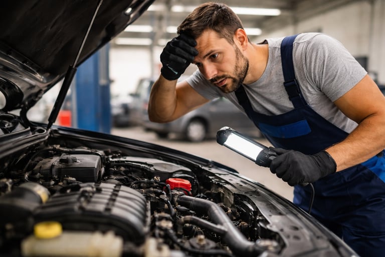 Mecânico analisando motor de carro usado com possível problema mecânico