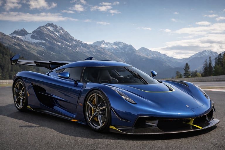 qual o carro mais caro do mundo hipercarro de luxo azul em pista com montanhas ao fundo