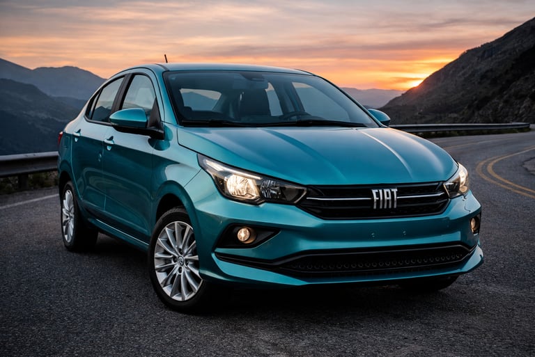 sedans aspirados até 65 mil Fiat Cronos 2023 verde de frente em estrada ao entardecer