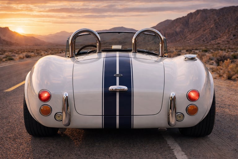 shelby cobra branco com faixas azuis visto pela traseira