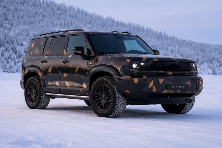 SUV híbrido da Geely inspirado no Defender durante testes de inverno na neve