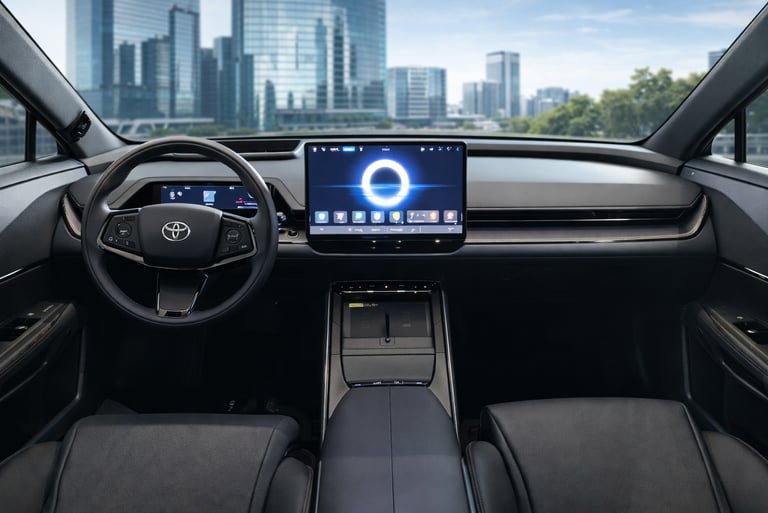 Interior do Toyota bZ7 com cockpit digital e tela central com tecnologia avançada