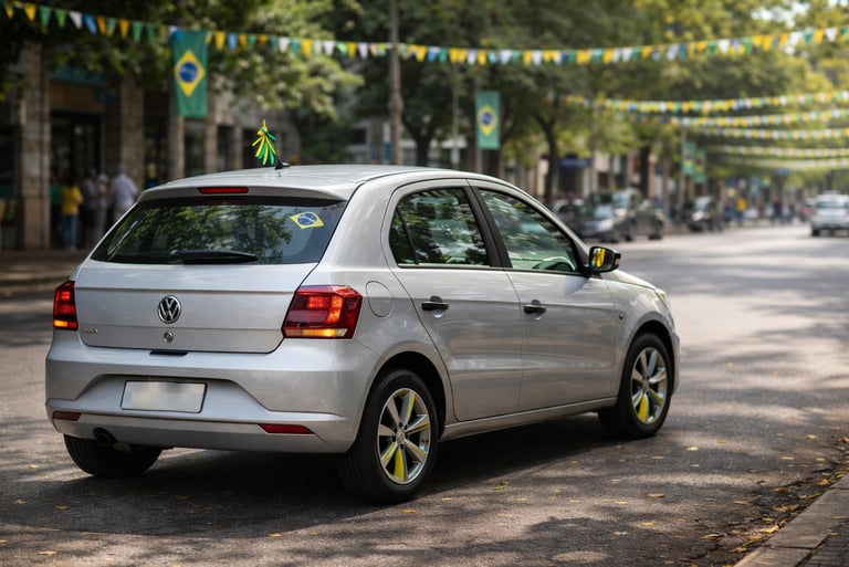 carro decorado para Copa do Mundo em rua enfeitada com bandeiras do Brasil