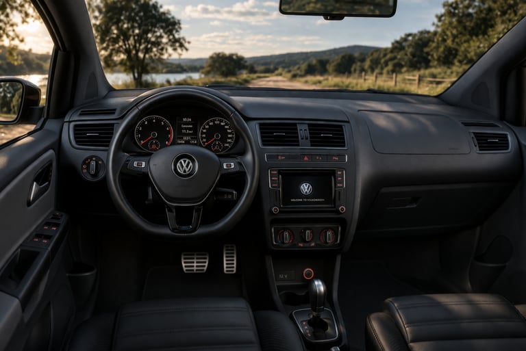 Interior do VW CrossFox usado com painel e volante em destaque