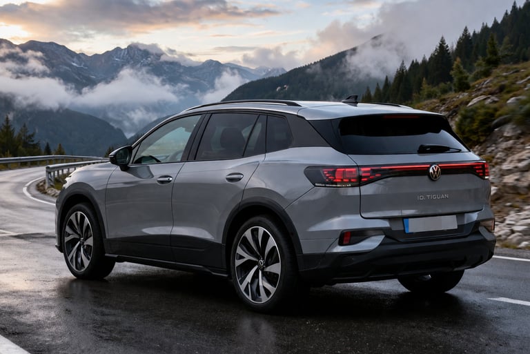 VW ID. Tiguan 2027 SUV elétrico em estrada de montanha com design moderno e traseira iluminada