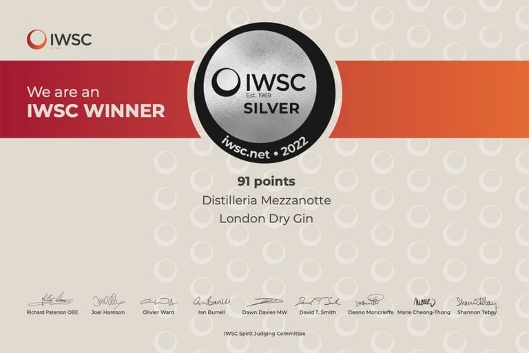 attestato di vincita della medaglia d'argento al concorso IWSC