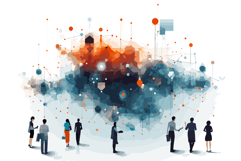 a group of people standing around a cloud