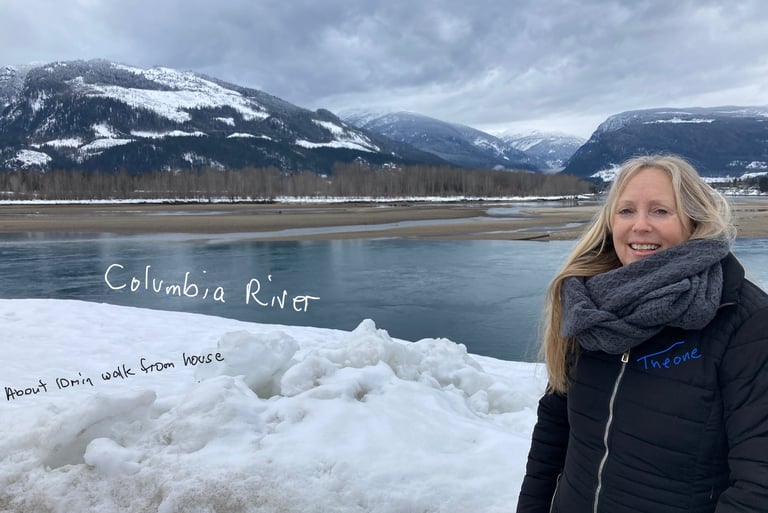Theone walking along Columbia River near Revelstoke