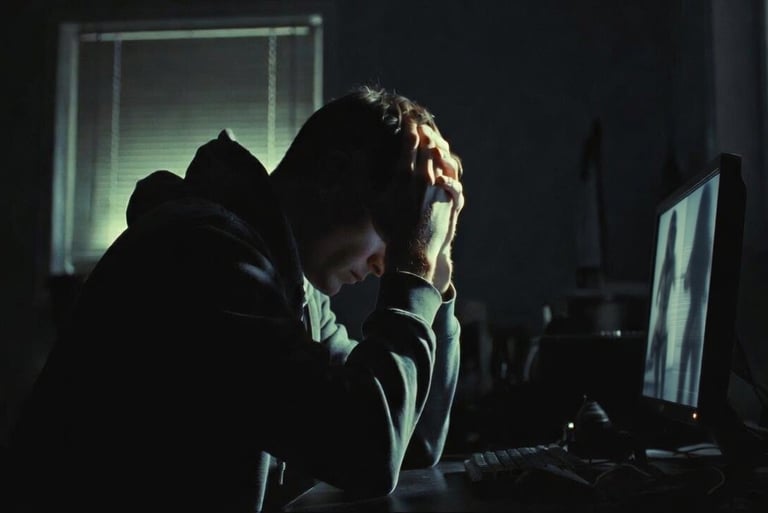 Stressed man holding head in hands while working late at a computer in a dark room.