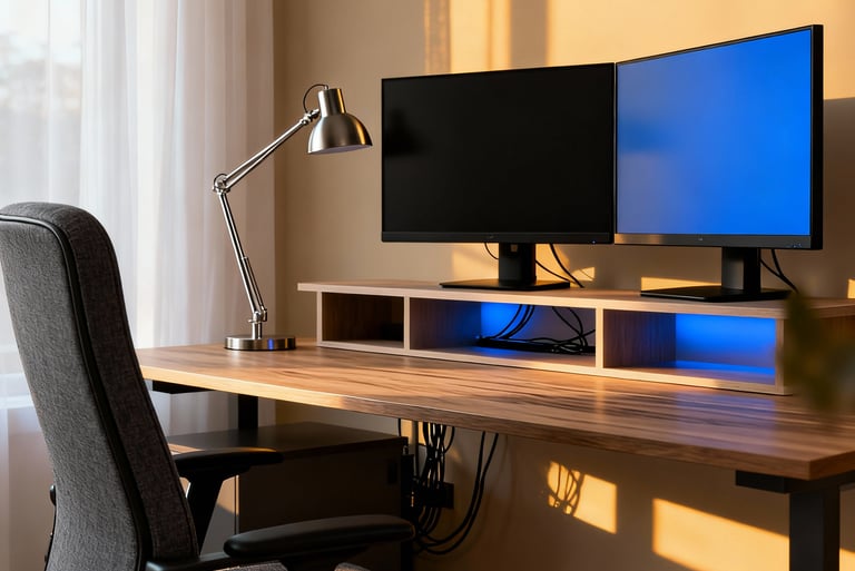 a desk with a computer monitor and a desk with a chair