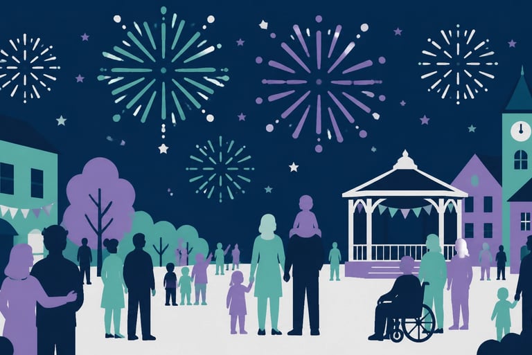 A flat-style vector illustration of a community celebration under a display of fireworks. Minimalist