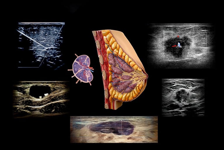 Breast anatomy diagram and various breast ultrasound images shoeing pathology.