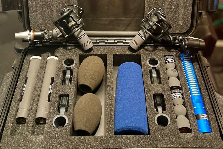 Set of Schoeps microphones and accessories neatly organized in a protective case. Professional locat