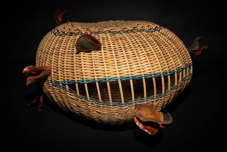 Charlotte, 2022, cane, reed, copper, jacaranda pods