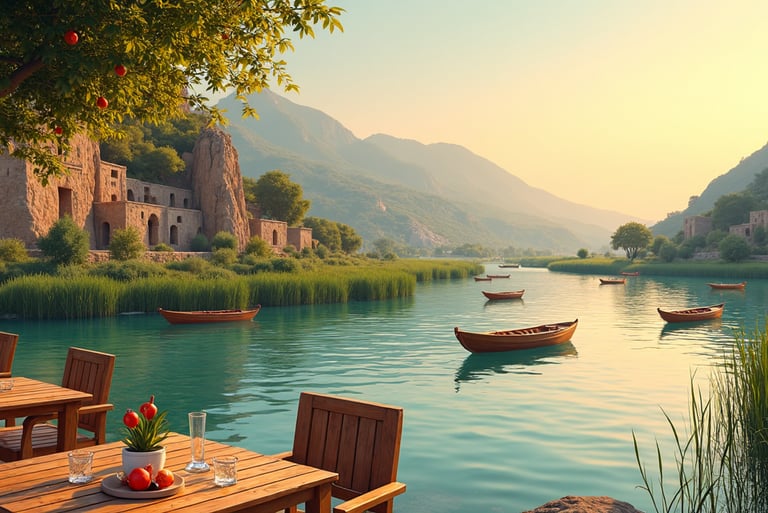 a table with a boat on the water