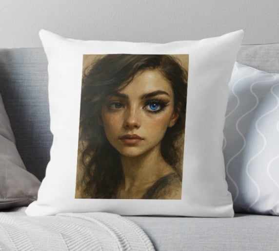 Girl with one blue eye on a pillow.