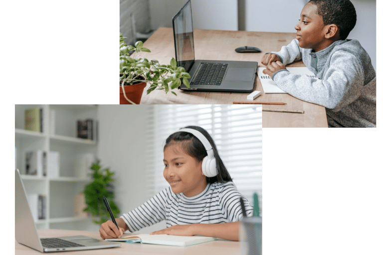 Children sit in front of laptops for online tutoring sessions 