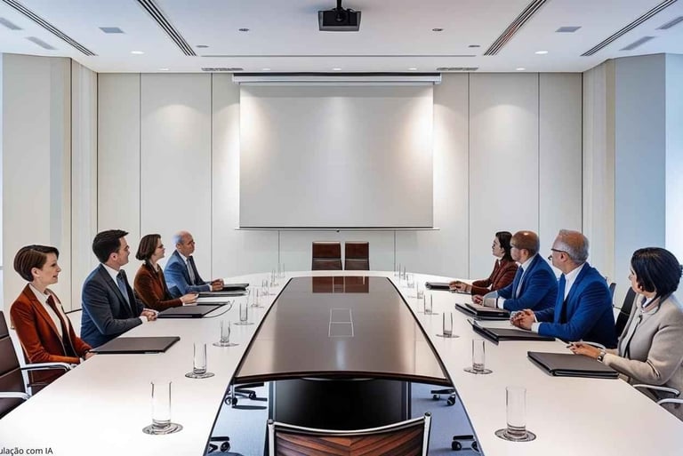 pessoas reunidas em ampla sala de diretoria com grande mesa ao centro tela eletrica e projetor