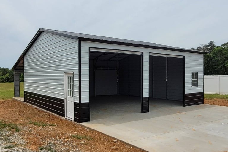 a garage with a garage door and a garage door