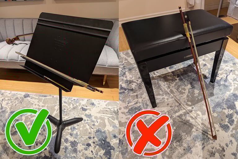 acceptable and unacceptable resting position for cello bow