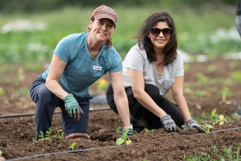 Two women smile while planting seedlings in a garden, showcasing teamwork, community engagement