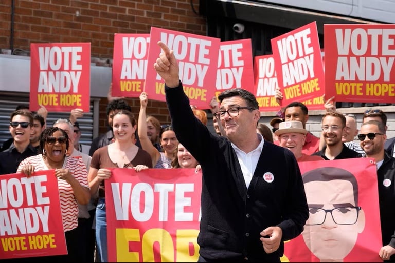 Andy Burnham with his supports during the recent by-election in Manchester