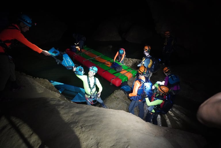 getting on rafts in passchendaele to get to the great wall of vietnam, hang son doong cave, vietnam