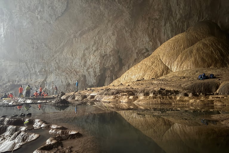 calcite pool terrace and large calcite formations at the green Gours, hang Son Doong cave, Vietnam
