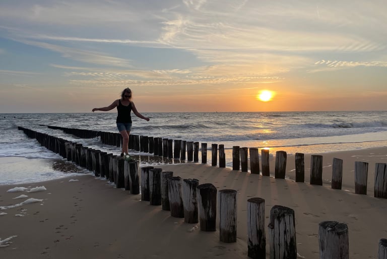 Tracey Billington on the beach at Strand Van Zoutelande, Netherlands