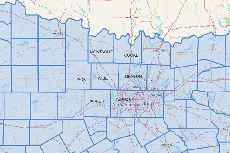Map of counties in North Texas. 