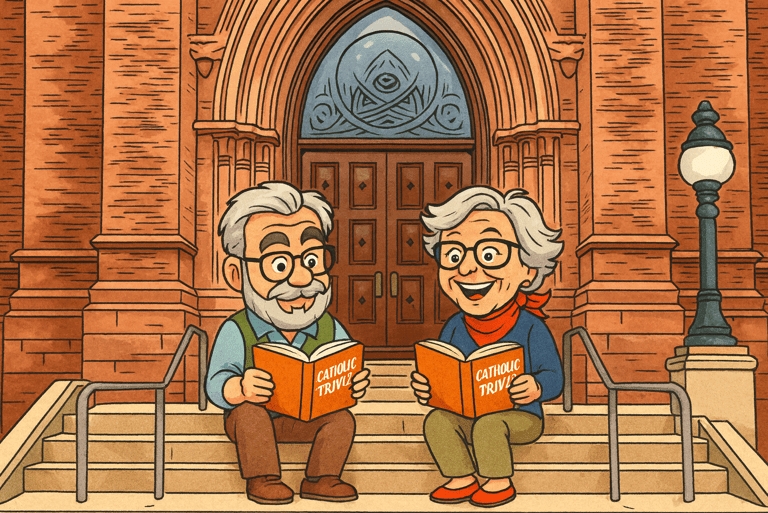 E.B and Opa studying Catholic trivia outside the Cathedral walls