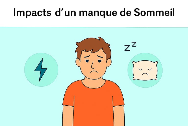 Homme fatigué avec des icônes représentant un éclair et un oreiller triste, illustrant les effets du manque de sommeil, reche